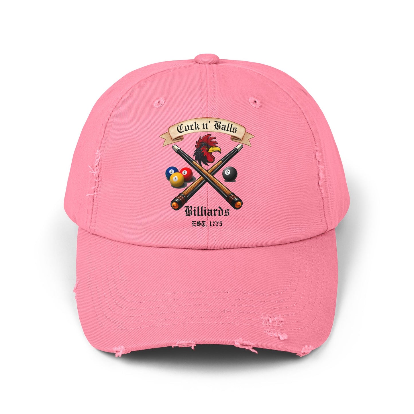 Cock and Balls Billiards Distressed Cap - Adult Humor Pool Hall Apparel