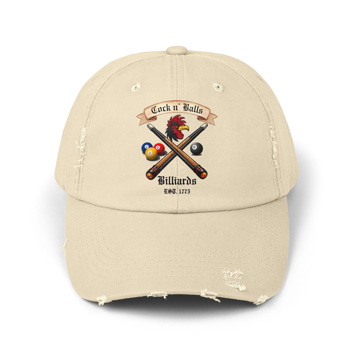 Cock and Balls Billiards Distressed Cap - Adult Humor Pool Hall Apparel