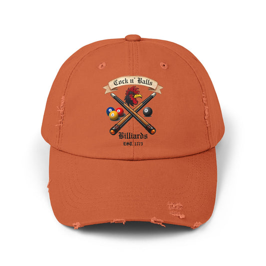 Cock and Balls Billiards Distressed Cap - Adult Humor Pool Hall Apparel