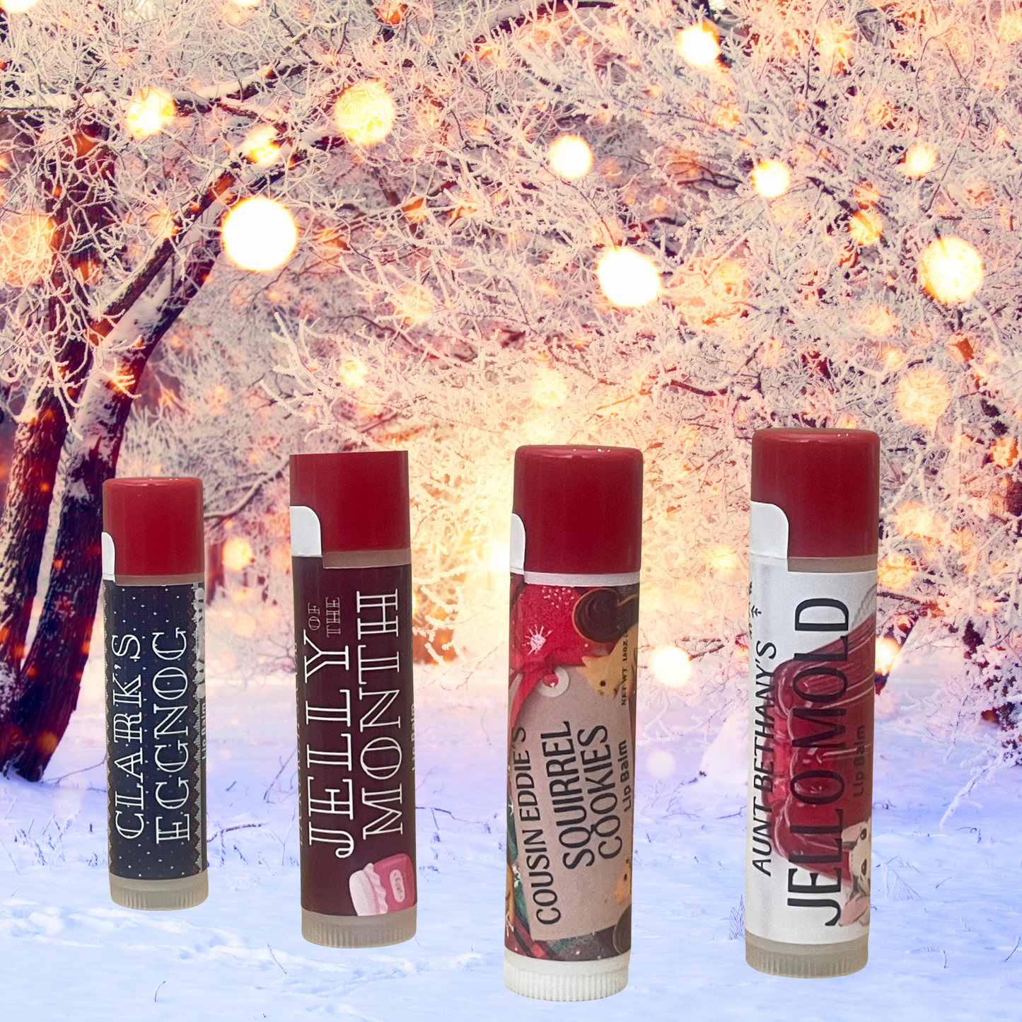 #Lick 'er Lips Lip Balm#Christmas Vacation Lip Balm 4 Pack – Jelly of the Month Club, Clark’s Eggnog, Aunt Bethany’s Jello