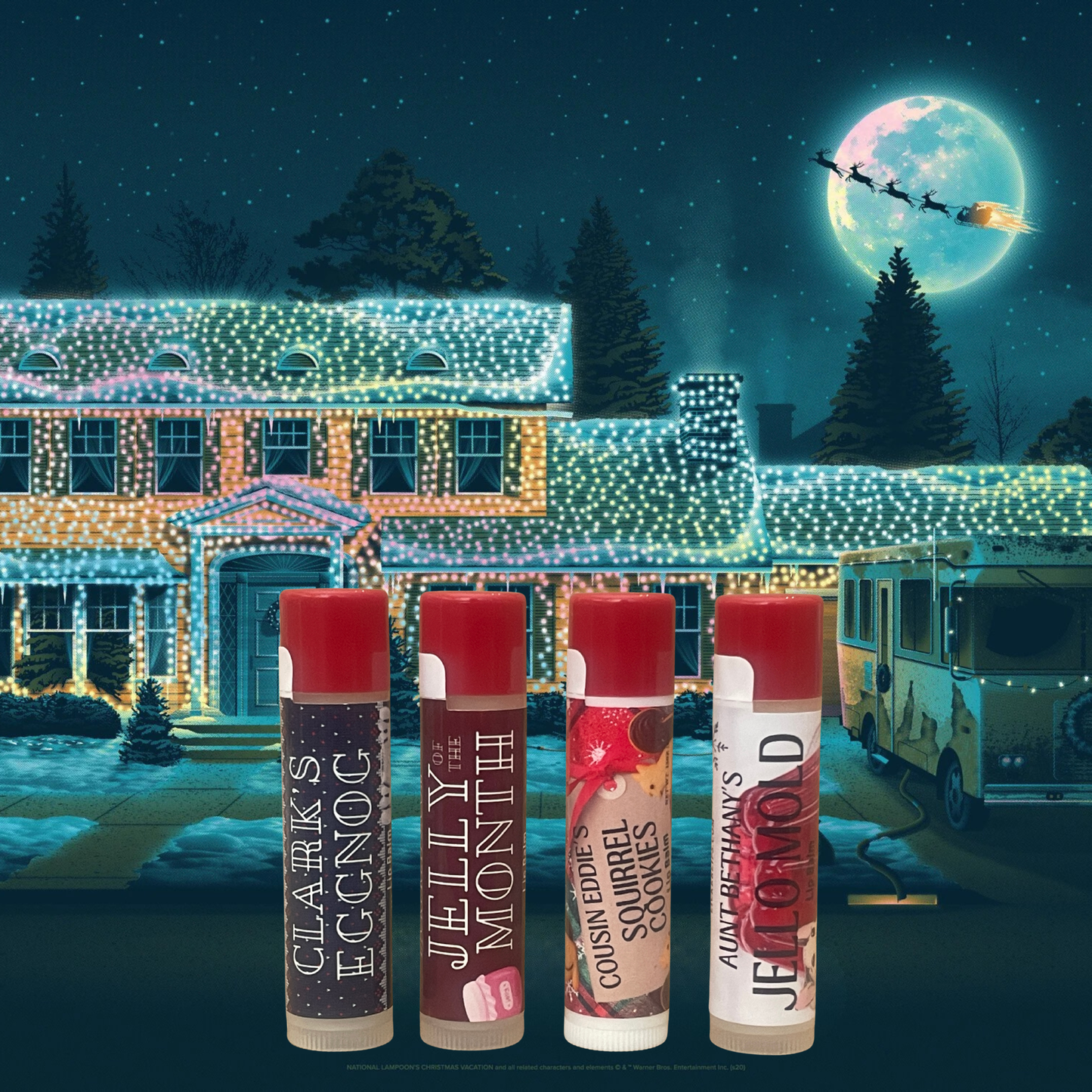 #Lick 'er Lips Lip Balm#Christmas Vacation Lip Balm 4 Pack – Jelly of the Month Club, Clark’s Eggnog, Aunt Bethany’s Jello