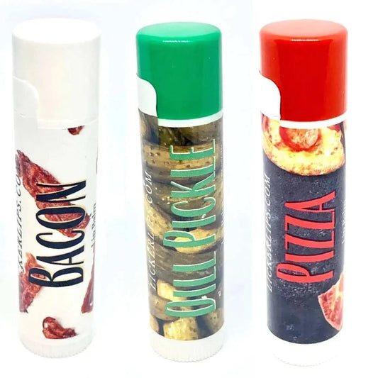 Gag Lip Balm Three Pack - Unique Flavors Dill Pickle Pizza and Bacon