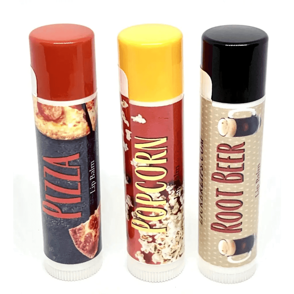 Natural nut free lip balm - Lick 'er Lips Lip BalmMovie Night Lip Balm Pack – Root Beer, Pizza & Popcorn Flavors