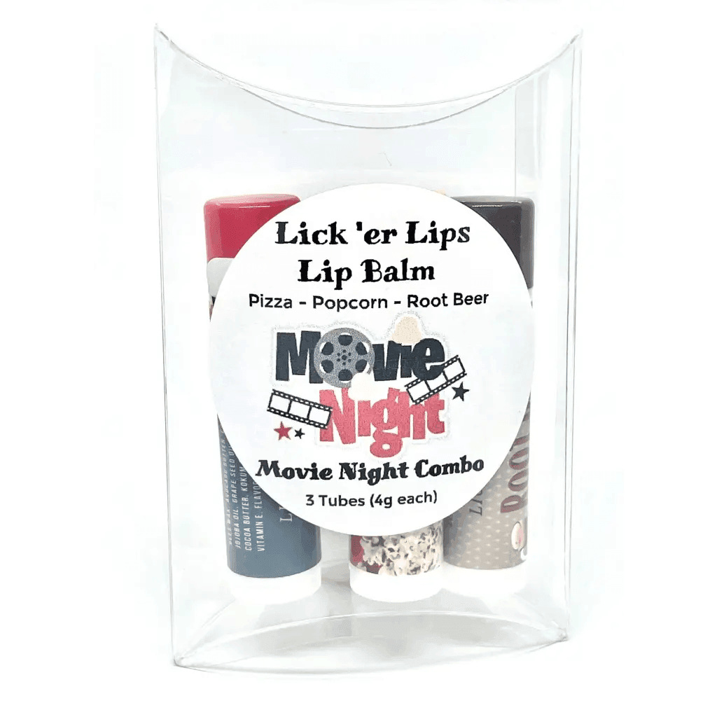 Natural nut free lip balm - Lick 'er Lips Lip BalmMovie Night Lip Balm Pack – Root Beer, Pizza & Popcorn Flavors